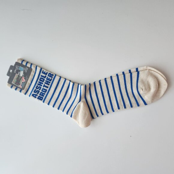 Blue Q Mens Crew Socks "A**hole Brother" Blue & Cream Striped Soft Combed Cotton - Picture 4 of 6